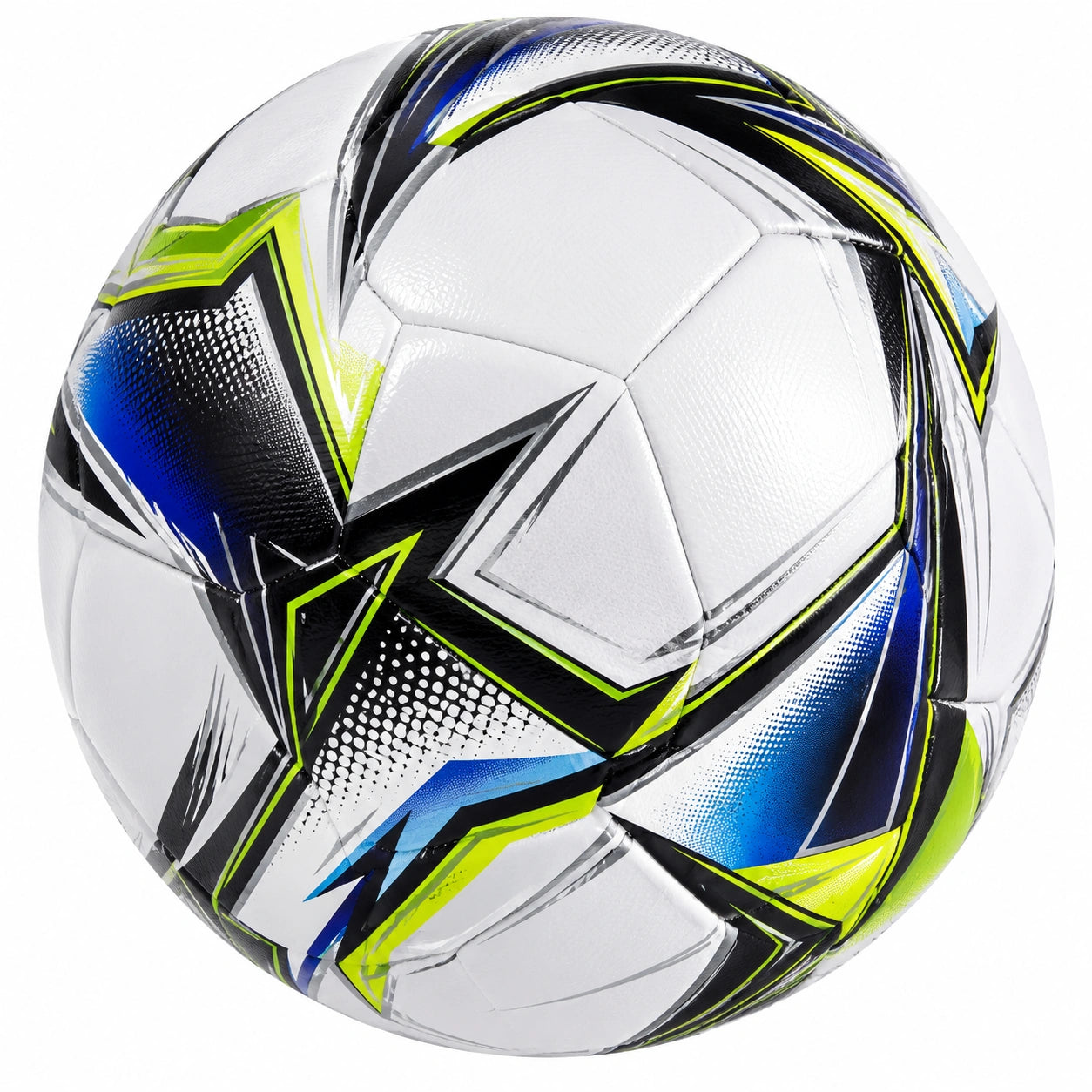 Ballon de football taille 5 blanc, noir, bleu et jaune