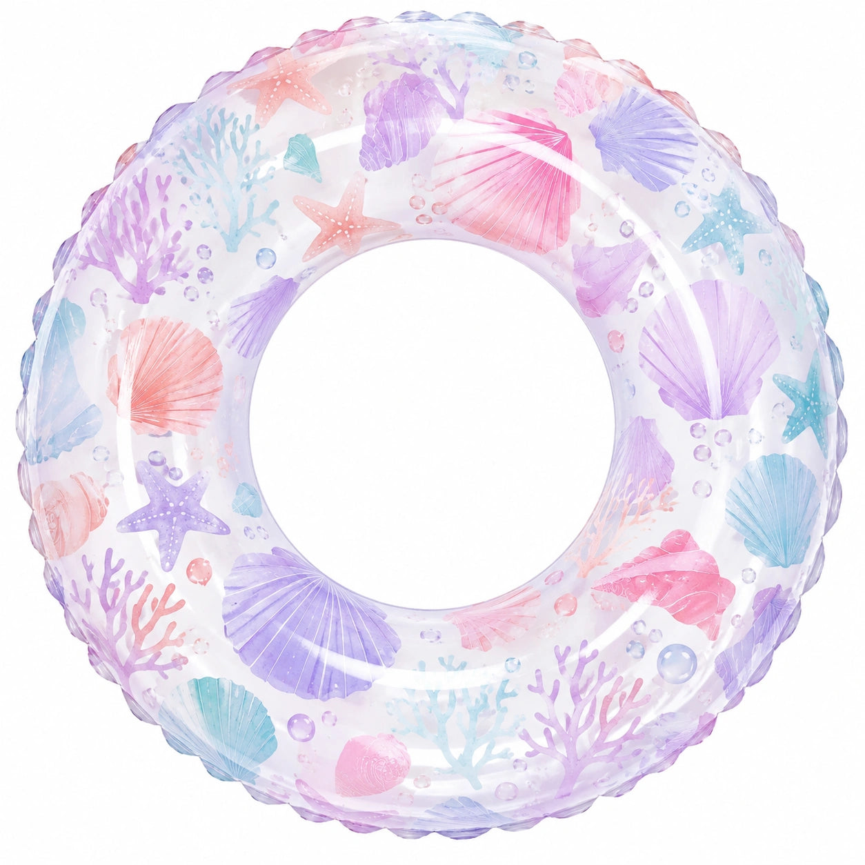 Bouée gonflable transparente avec motifs de coquillages et étoiles de mer, 90 cm